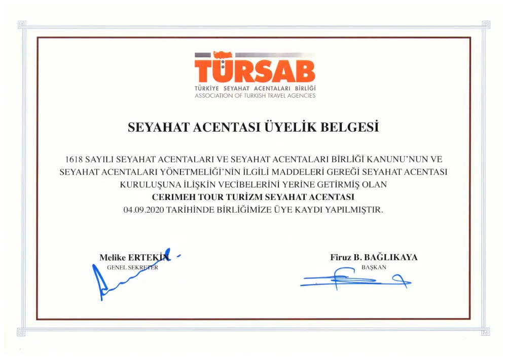 TÜRSAB travel agency membership certificate, Cerimeh Tour, registered 04.09.2020
